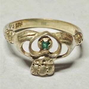 Vintage Sterling Celtic Claddagh Ring w. Emerald Crown-Sz 5.25